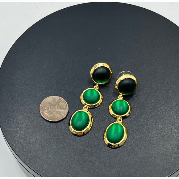 J. Crew Triple-Drop Tiered Matte-Green Glass Rhinestone Gold Tone Earrings - Picture 3 of 9